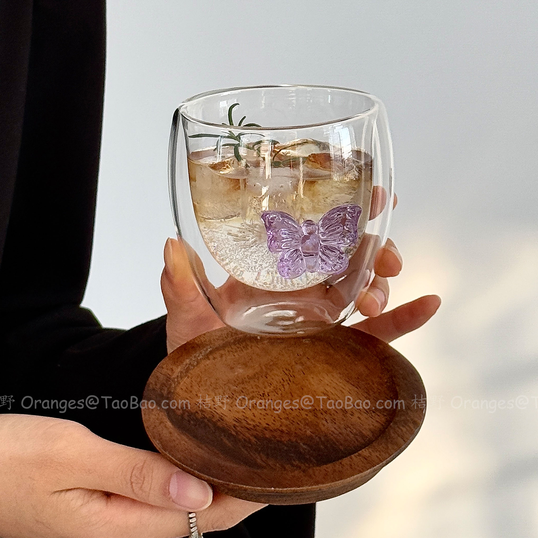 粉紫蝴蝶双层隔热咖啡杯