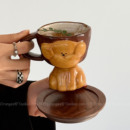 Oranges复古手作浮雕趣萌棕狗狗高脚陶瓷杯马克杯拉花拿铁杯礼物