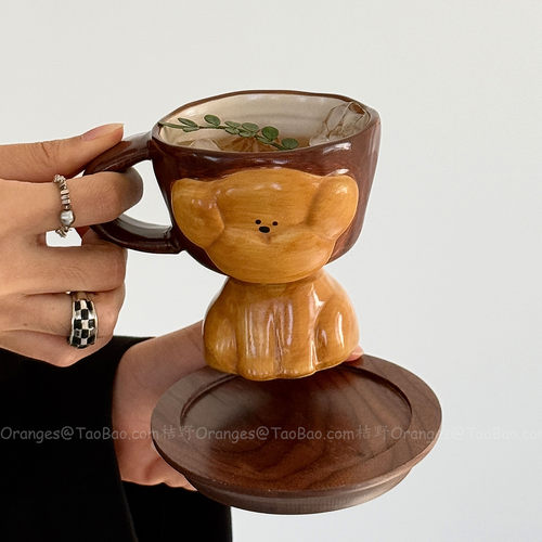 手作浮雕趣萌棕狗狗高脚陶瓷杯子