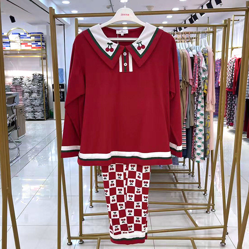 亲亲吾衣睡衣女士春秋款少女纯棉长袖家居服春季甜美可爱红色套装