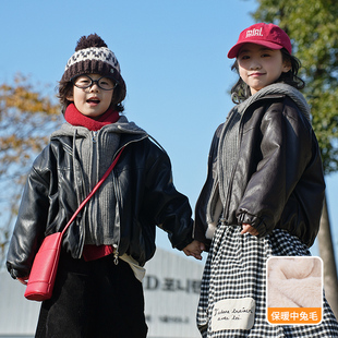 男童冬装 PU皮夹克中大童女孩棉服炸街 皮衣外套加绒加厚儿童秋冬款