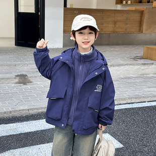 男童春秋外套儿童冲锋衣中大童秋冬加绒风衣连帽夹克三合一可拆卸