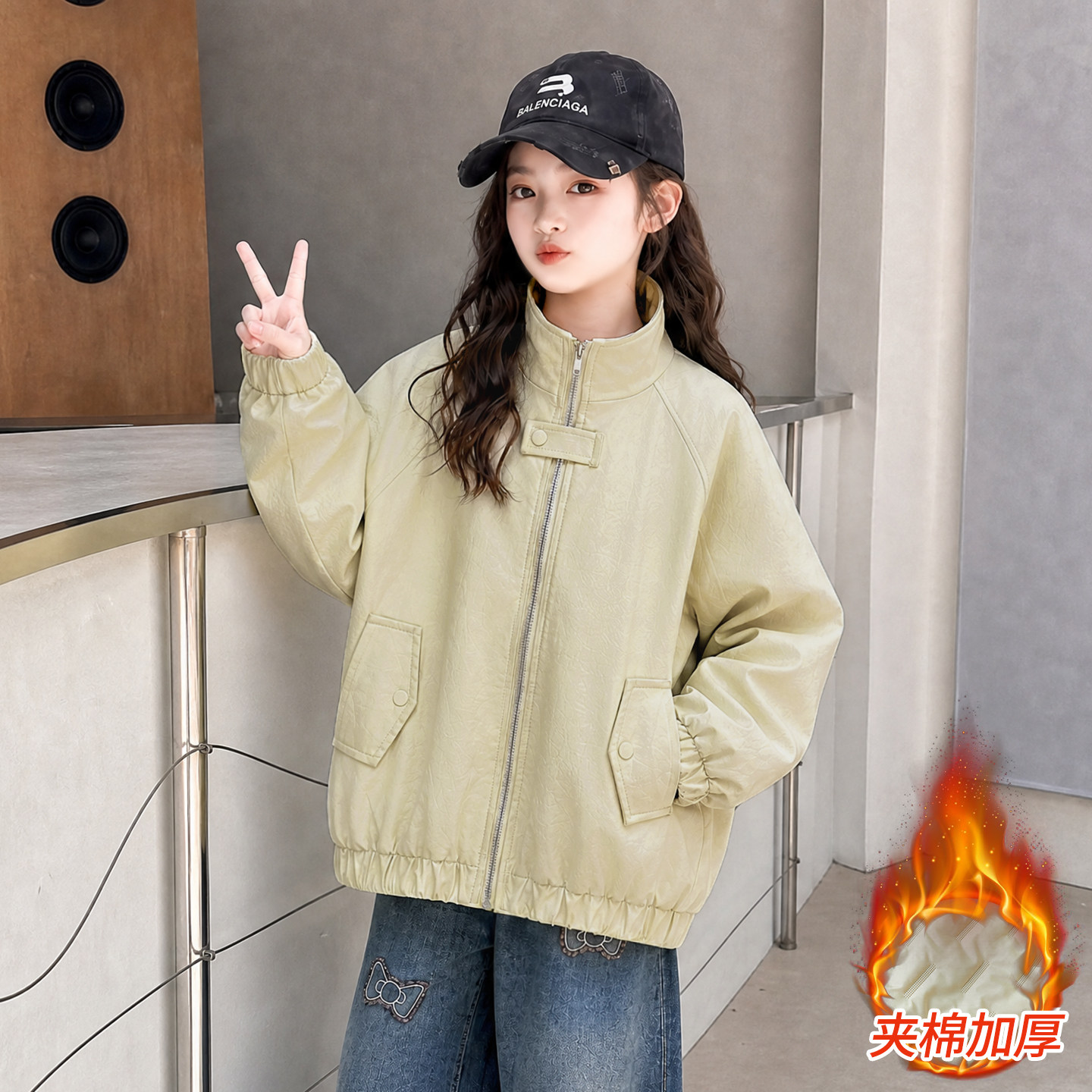 女童秋冬皮衣外套时髦夹棉皮夹克
