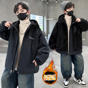 男童秋冬加绒外套两面穿时髦儿童中大童冬季加厚风衣保暖毛毛衣潮