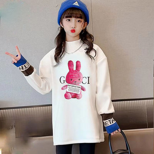 女童加绒t恤打底衫秋冬中大儿童洋气卡通中长款白色长袖宽松卫衣
