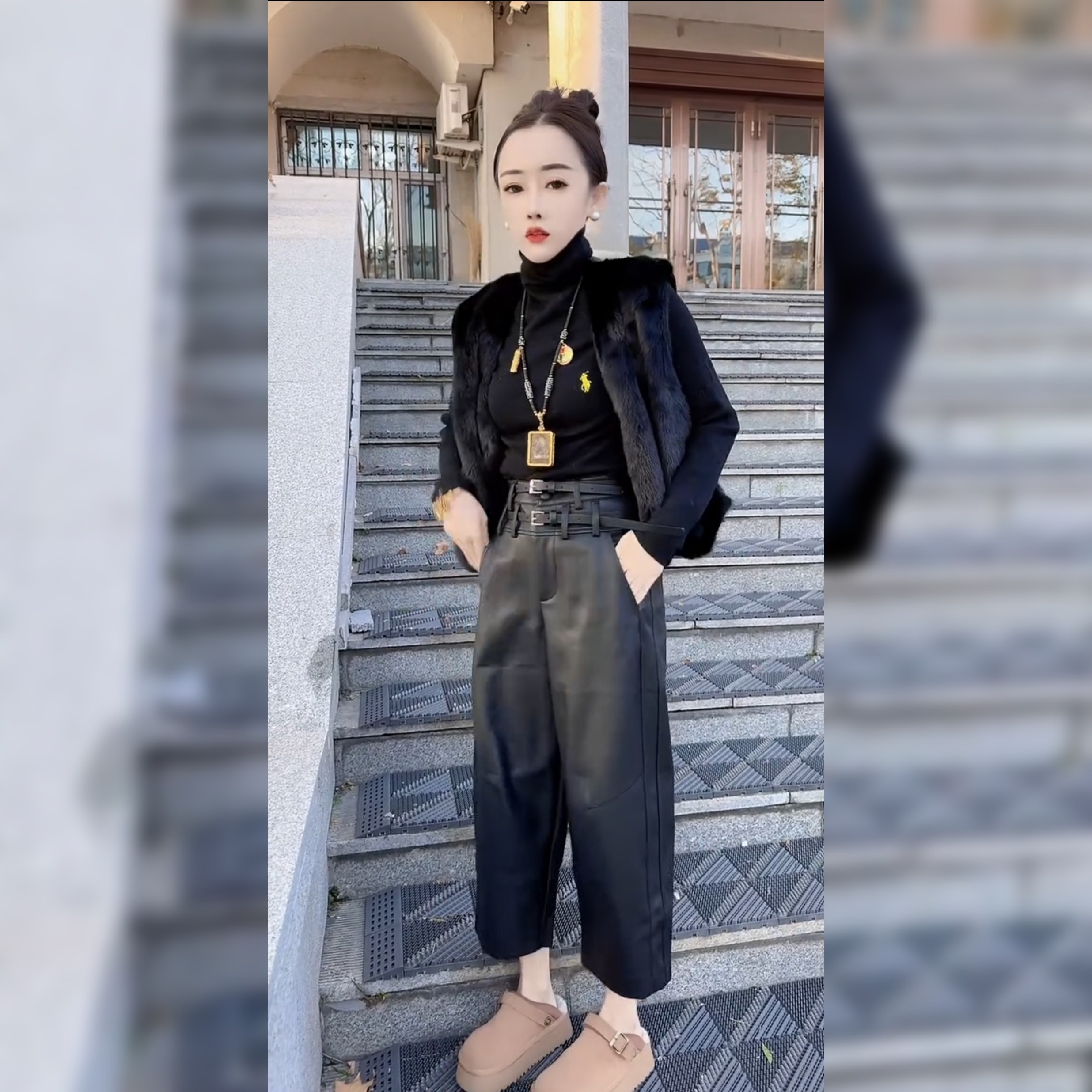 欧货双腰带软皮裤阔腿裤女冬新高腰磨毛八分弯刀裤休闲PU老爹裤,女装/女士精品,休闲裤,淘宝优惠券,粉丝福利购,淘宝优惠卷