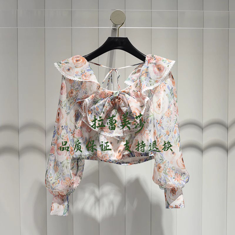 春新款木耳边碎花雪纺衬衫