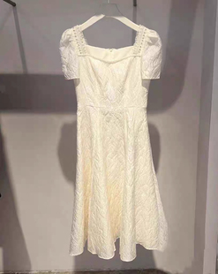 提花复古方领连衣裙CLC1081398 现货速发2024春新款