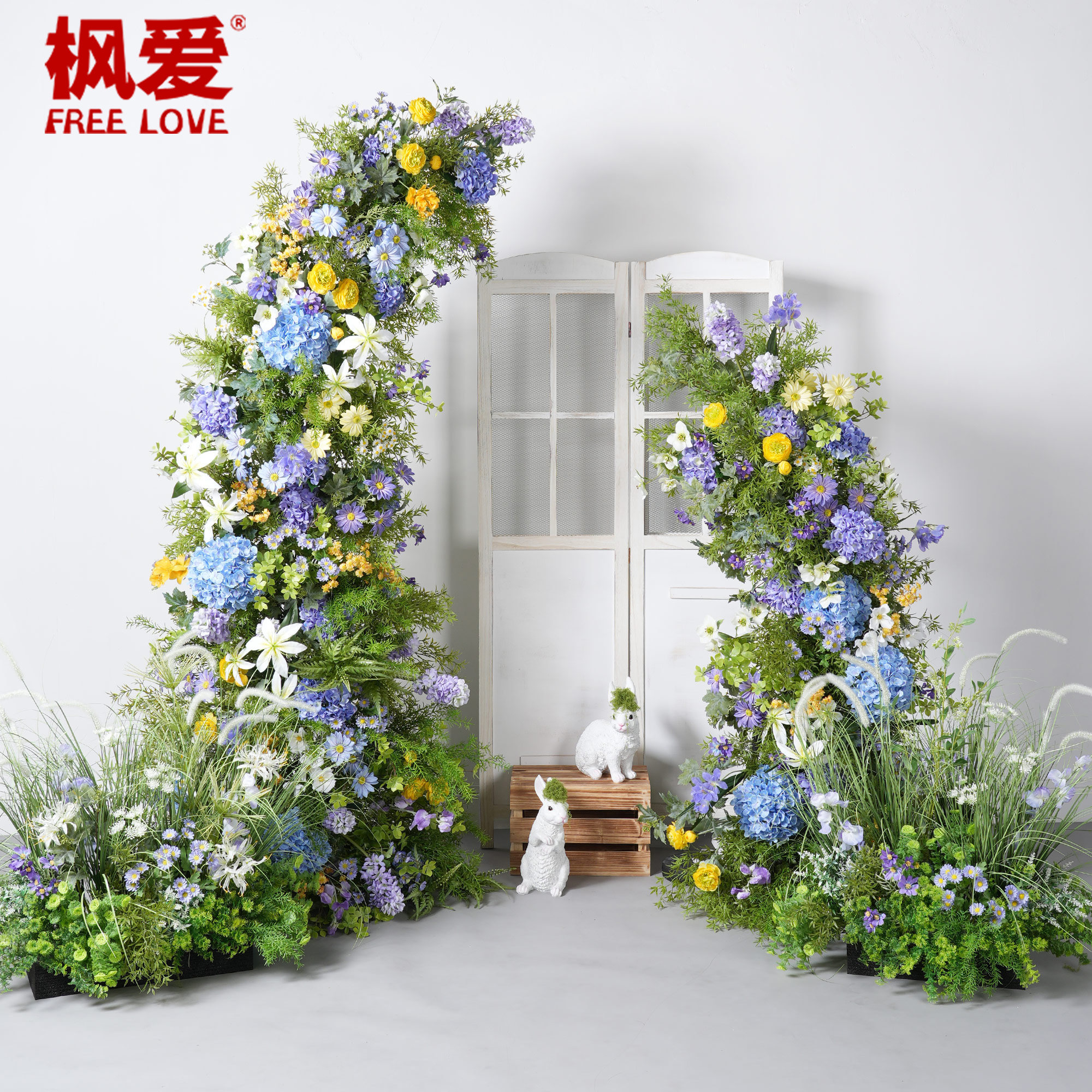大型仿真花艺牛角拱门森系婚礼入口摆件结婚拍照装饰橱窗花架花柱