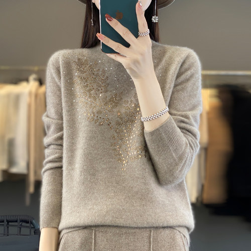 半高领树叶烫钻针织毛衣女秋冬