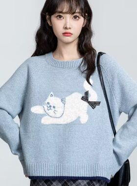 浅蓝色猫咪提花圆领针织毛衣女秋冬韩系少女宽松短款可爱时尚上衣
