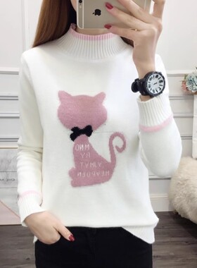 秋冬加绒加厚毛衣打底衫女生新款韩版半高领内搭卡通图案保暖上衣