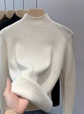 亮丝半高领一体绒针织毛衣女秋冬季新款韩版加绒加厚保暖短款上衣