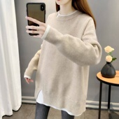 韩版 中长款 毛衣女秋冬外穿2025新款 宽松温柔风假两件加厚针织上衣