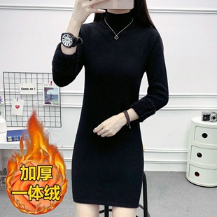一体绒2026秋冬高领中长款毛衣女新款韩版加绒加厚修身内搭打底衫