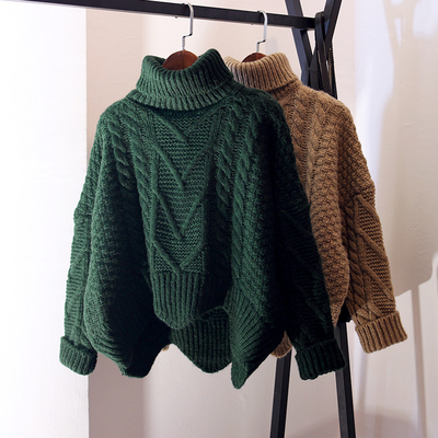 宽松麻花毛衣复古高领