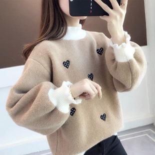 半高领雪尼尔毛衣女秋冬季2025新款宽松时尚学生灯笼袖针织打底衫