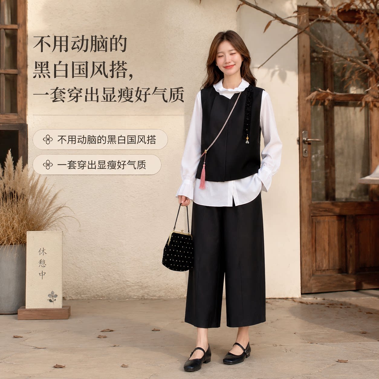 无袖国风马甲白色长袖衬衫宽松九分阔腿裤秋季项链+挂机四件套