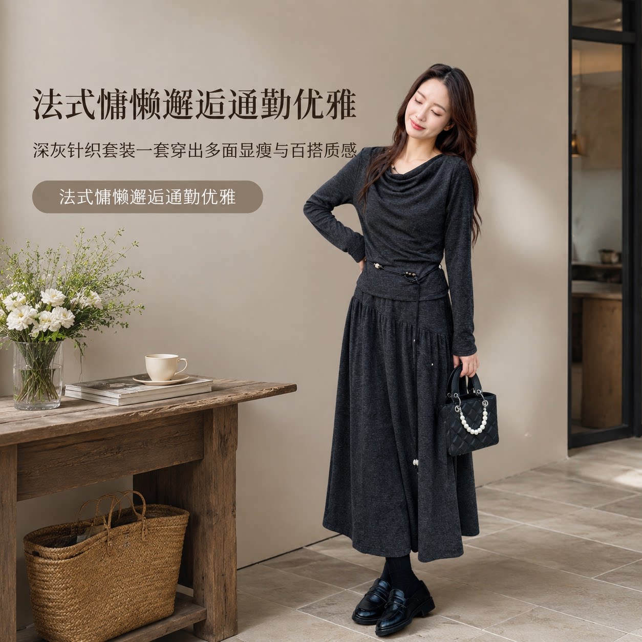 法式慵懒针织连衣裙两件套装女显瘦深秋长袖送复古腰绳+复古项链