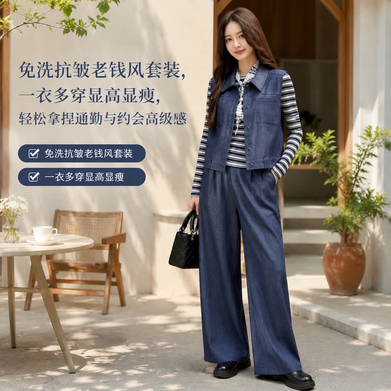 藏青仿牛仔马甲阔腿裤三件套女