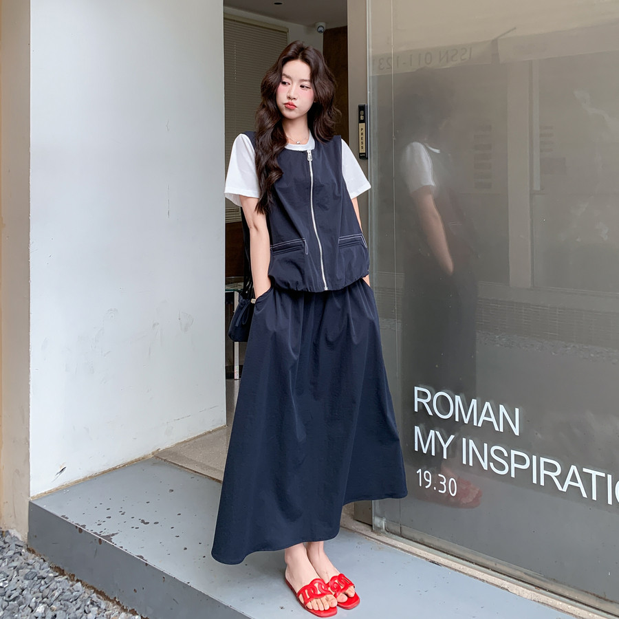 夏季工装马甲T恤半身裙三件套女