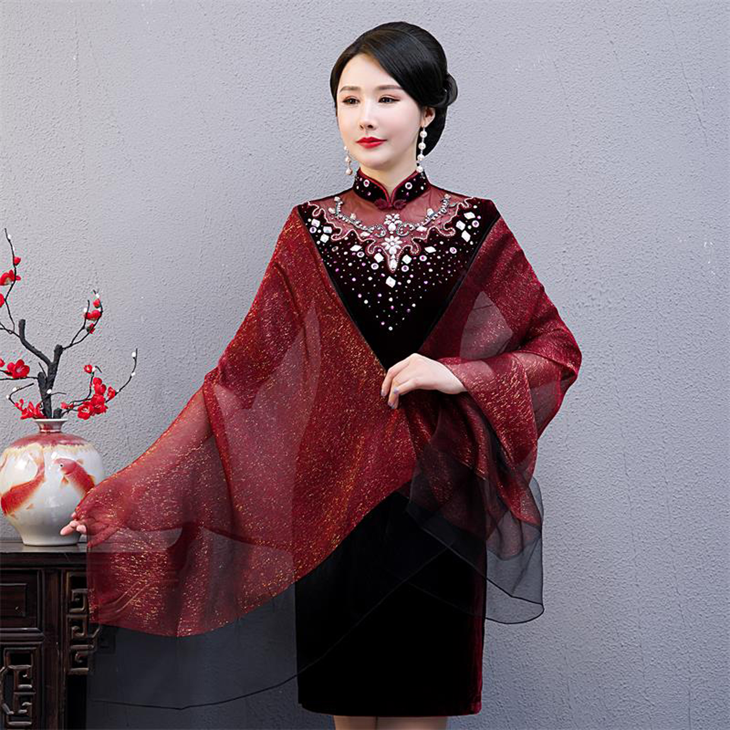 春夏桑蚕丝妈妈婚礼婚宴礼服旗袍披肩外披薄款真丝披肩长巾围巾