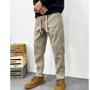 男士秋冬款加绒灯芯绒休闲男裤宽松小直筒痞帅高级感纯色条绒男裤