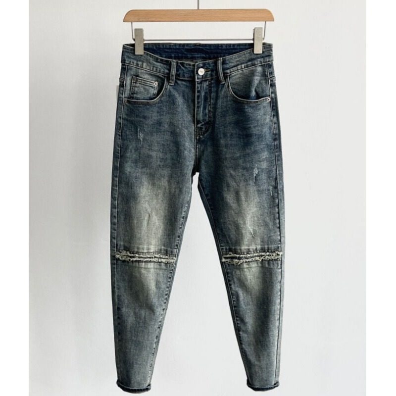 膝盖针缝补丁小脚修身牛仔裤男2025秋冬新款个性做旧复古弹力长裤,男装,牛仔裤,淘宝优惠券,粉丝福利购,淘宝优惠卷