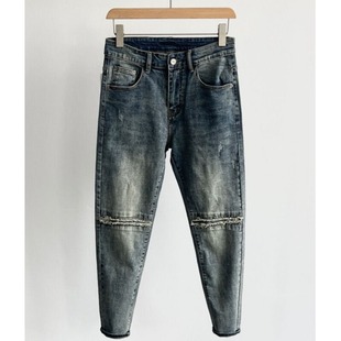 膝盖针缝补丁小脚修身牛仔裤男2025秋冬新款个性做旧复古弹力长裤
