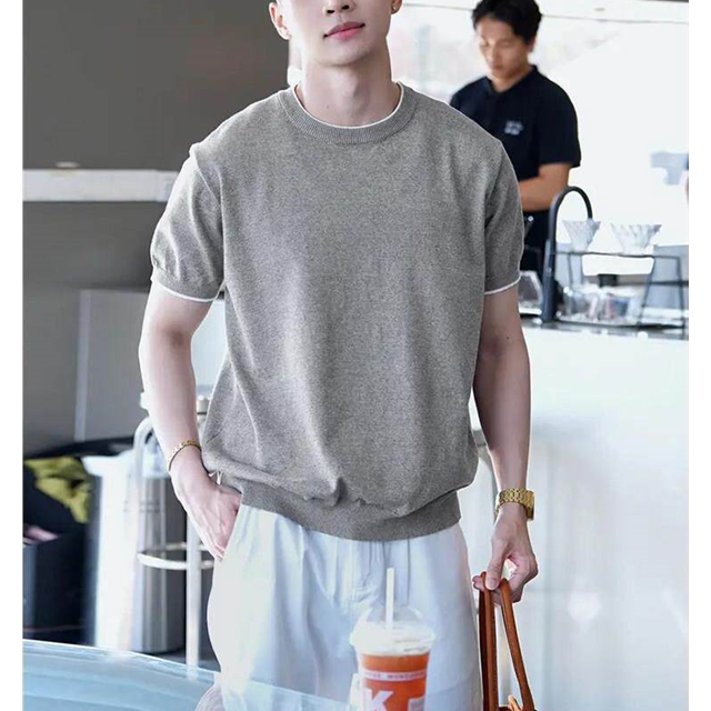 老钱风圆领灰色纯色针织衫上衣男夏季薄款撞色设计感收腰短袖T恤