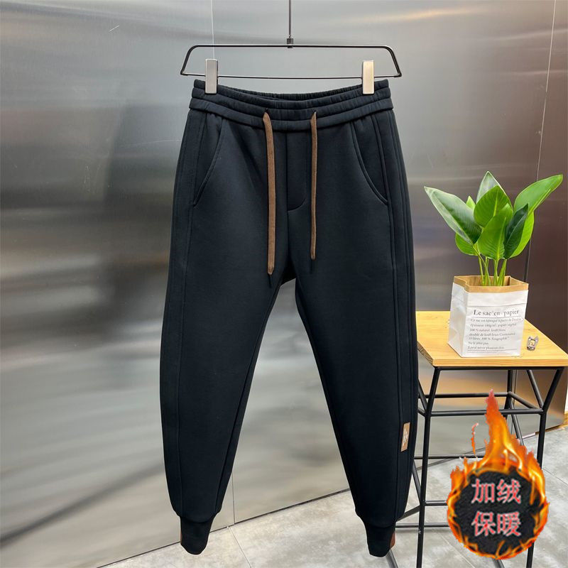 冬季厚款高端货黑咖色刺绣束脚运动卫裤男百搭韩版修身小脚休闲裤