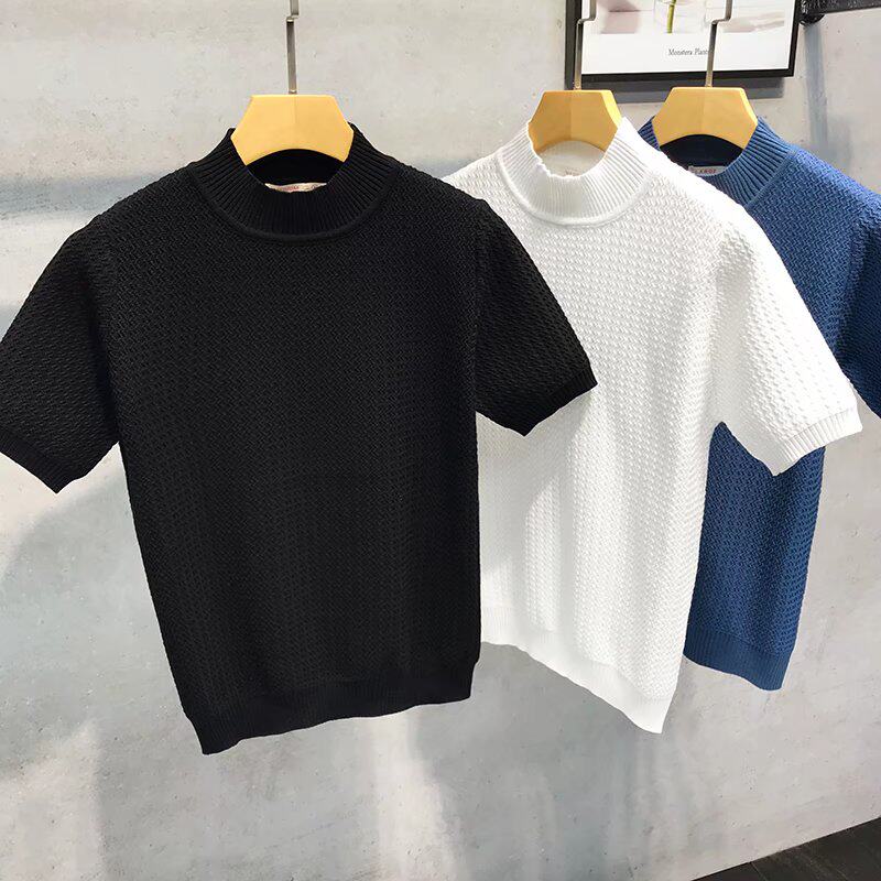 春季新款韩版修身男士半高领针织短袖T恤潮男条纹中领打底衫时尚