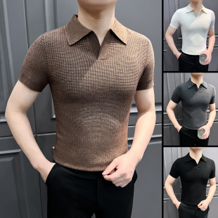v领针织polo衫男款短袖2025新款上衣高级感痞帅风夏季男士半袖t恤