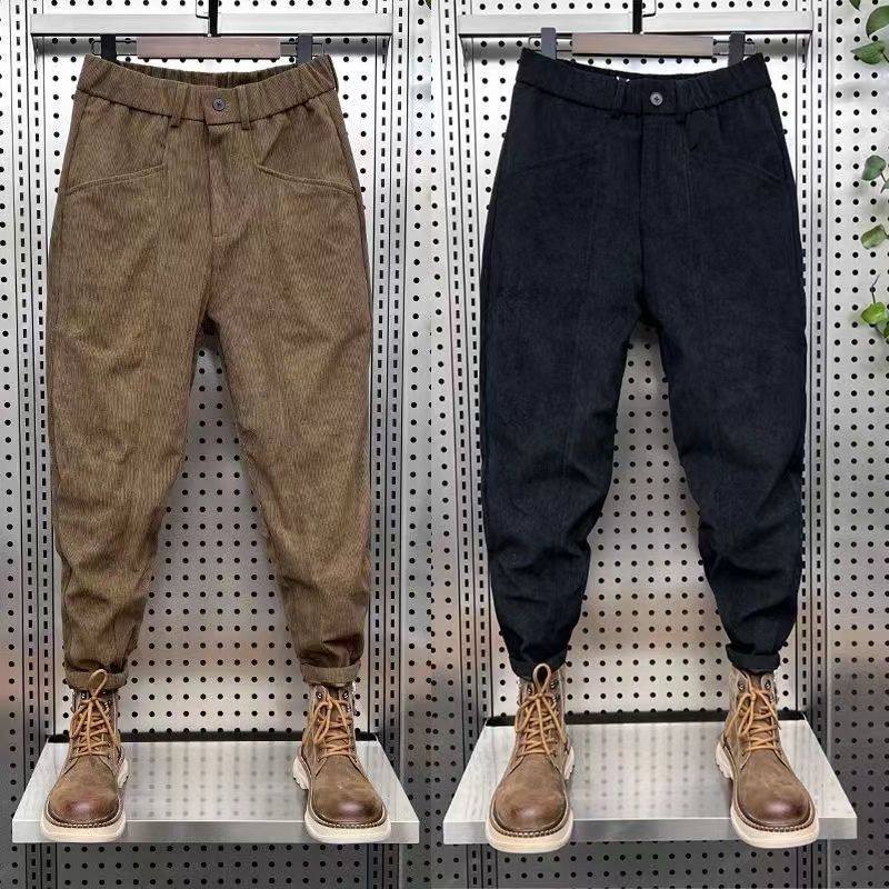潮牌拼接条绒休闲裤男士秋冬加绒立体裁剪小脚哈伦裤韩版运动卫裤,男装,休闲裤,淘宝优惠券,粉丝福利购,淘宝优惠卷