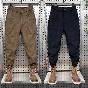 运动卫裤 潮牌拼接条绒休闲裤 韩版 秋冬加绒立体裁剪小脚哈伦裤 男士