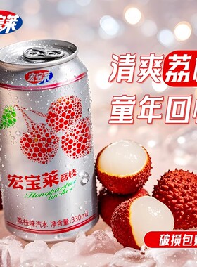 宏宝莱荔枝味汽水四平怀旧解渴果汁饮品碳酸饮料330ml*12罐装整箱