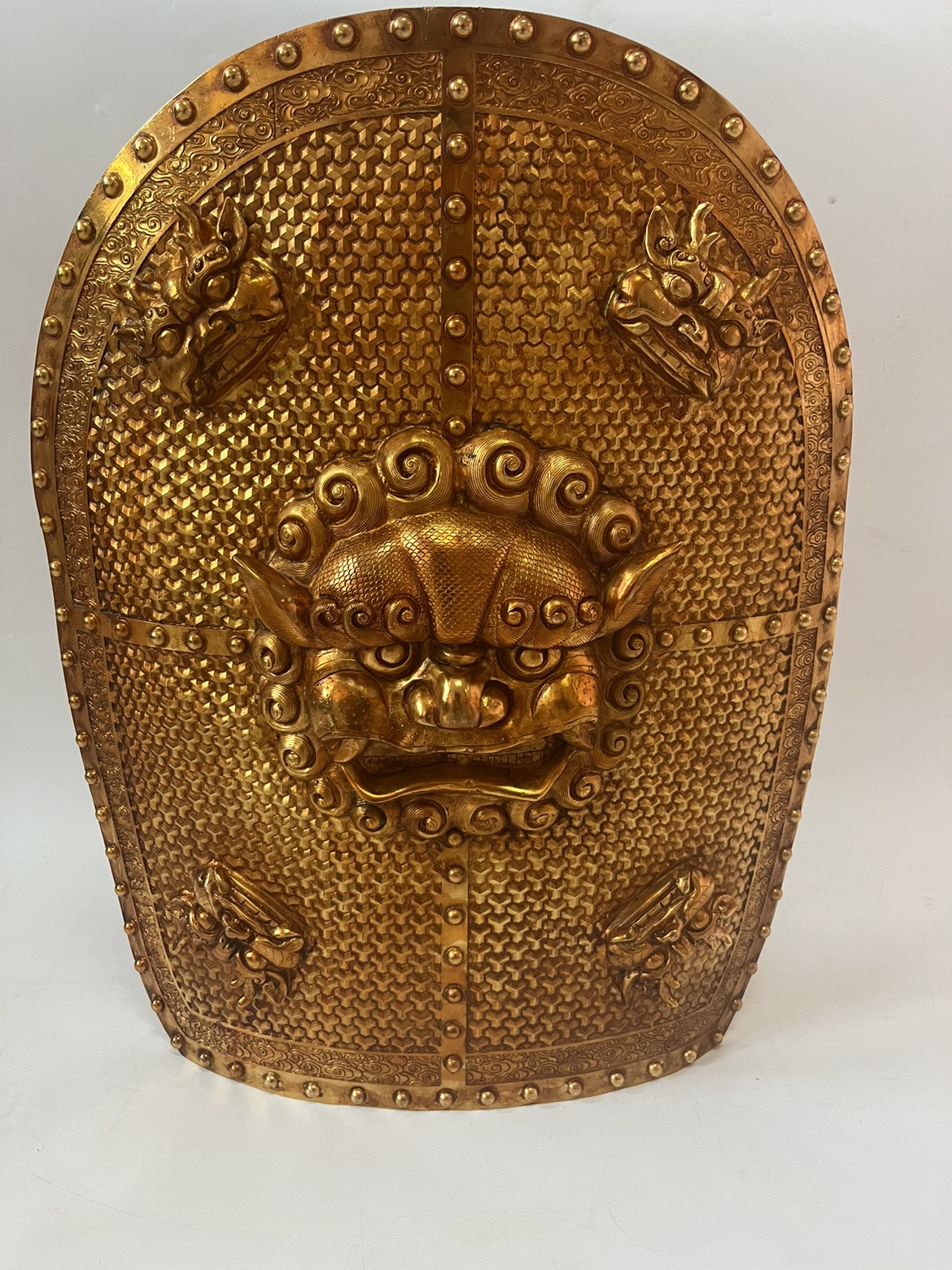 唐代铜金盾牌鎏金镀金手工打造纯铜仿古狮子纹铜器