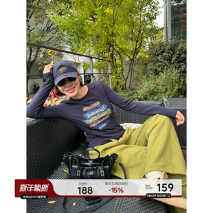 YANGLE_长袖上衣女2025冬季新款美式宽松涂鸦字母刺绣磨毛打底T恤