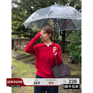 YANGLE_红色毛衣女2025冬季新款韩版慵懒宽松polo领纯羊毛针织衫