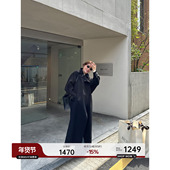 YANGLE_黑色羊毛大衣女2025秋冬新款 外套 长款 韩式 真皮拼接蝙蝠袖