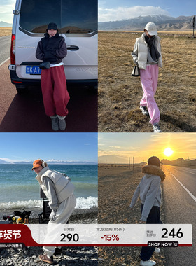 YANGLE_抓绒休闲裤女2025冬季新款韩系慵懒宽松加厚灰色束脚卫裤