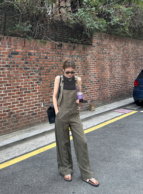 YANGLE_全亚麻背带裤女2025新款春季薄款慵懒宽松拖地休闲直筒裤