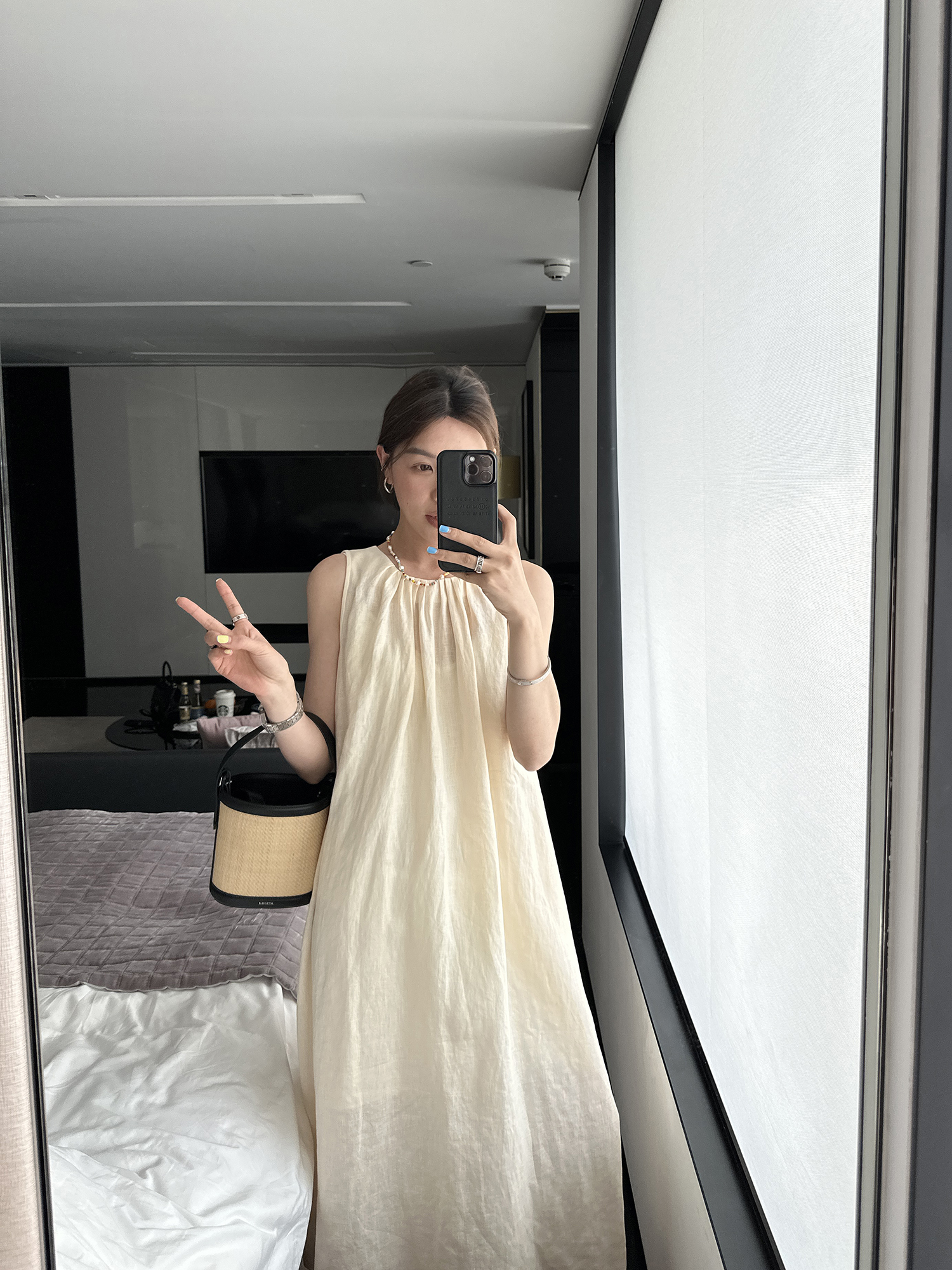 YANGLE_亚麻连衣裙2025年新款女夏季薄款简约度假裙无袖宽松a字裙