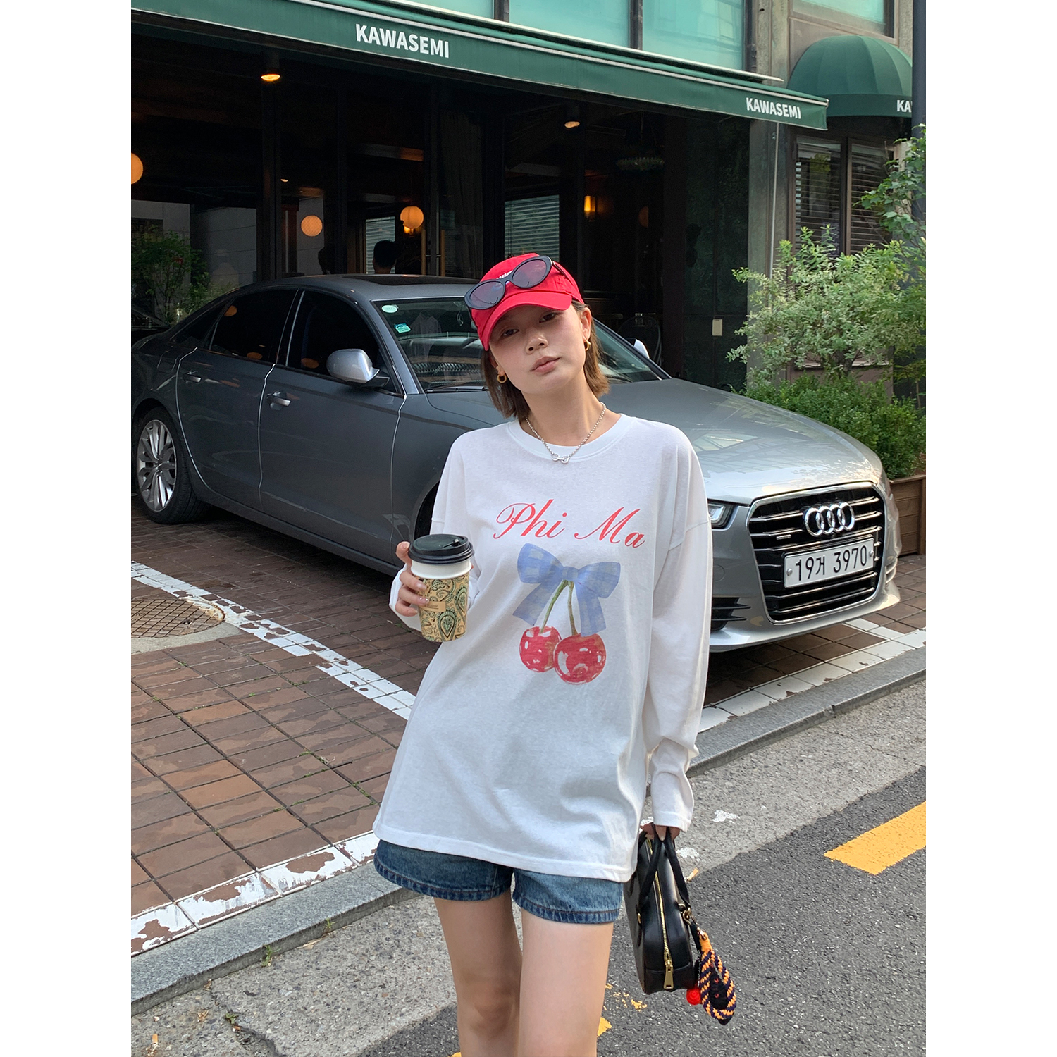 天丝棉樱桃印花宽松防晒T恤