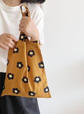 夏季新款日系慵懒薄棉软布包姜黄色女士手拎包迷你遛弯包手提袋