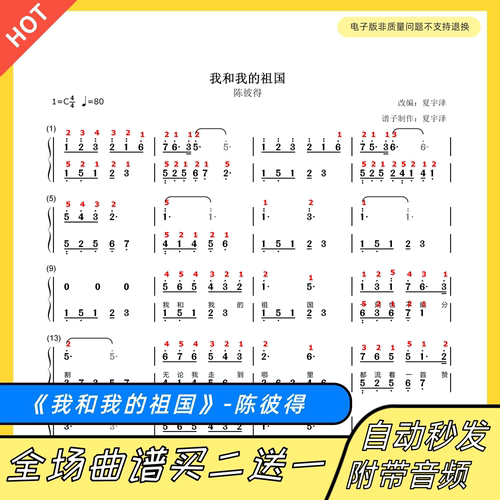 我和我的祖国 钢琴谱 双手简谱 五线谱电子版独奏陈彼得C调带指法 - 封面