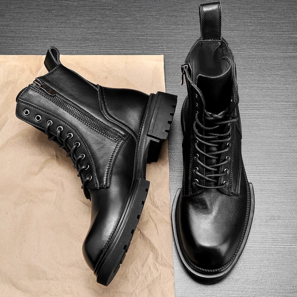 芸棉绣2024秋冬真皮加绒马丁靴高筒潮流厚底英伦机车时尚男士皮靴