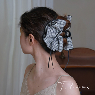 蝴蝶结后脑勺发卡抓夹鲨鱼夹马尾发夹发量多头饰 法式 维希格纹