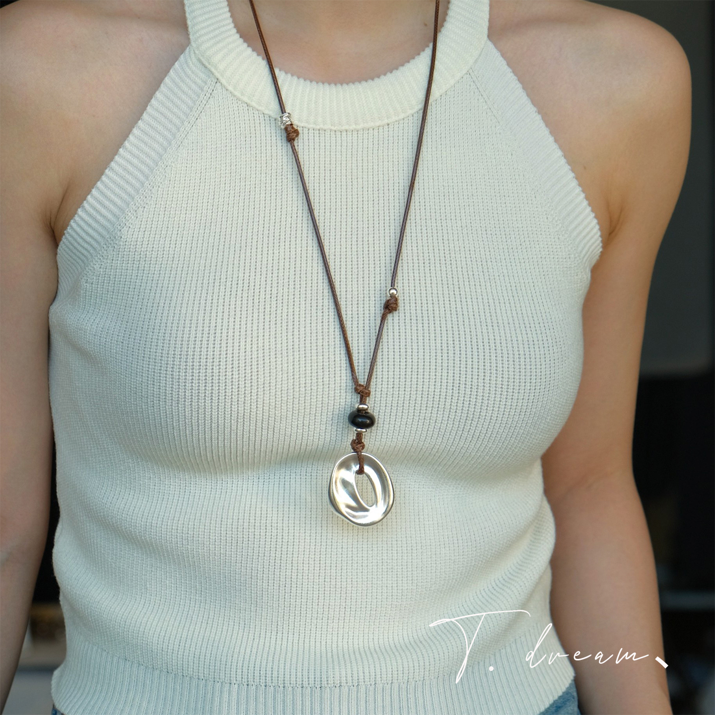 nicedream黑绳银环极简毛衣链