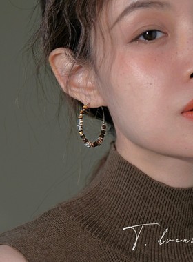 《巴厘岛》虎眼石串珠圈圈耳环女小众设计高级耳饰耳钉2025新款